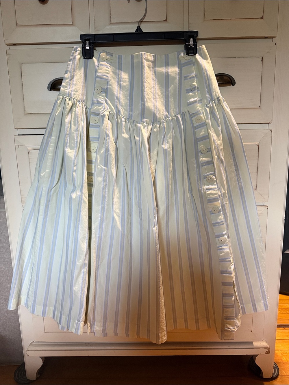 Striped Light Blue and White Button-Front Midi Skirt